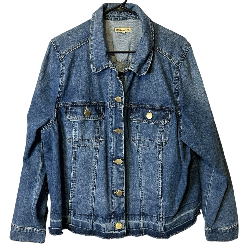 Democracy 3X Denim Jacket Raw Hem Distressed Western Ranch Barn Chore Coastal